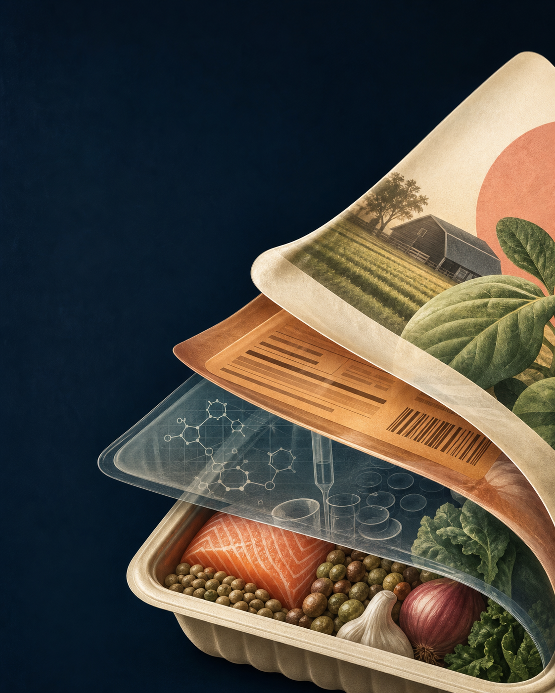Food packaging opening into ingredients, a product label, laboratory evidence and farm provenance